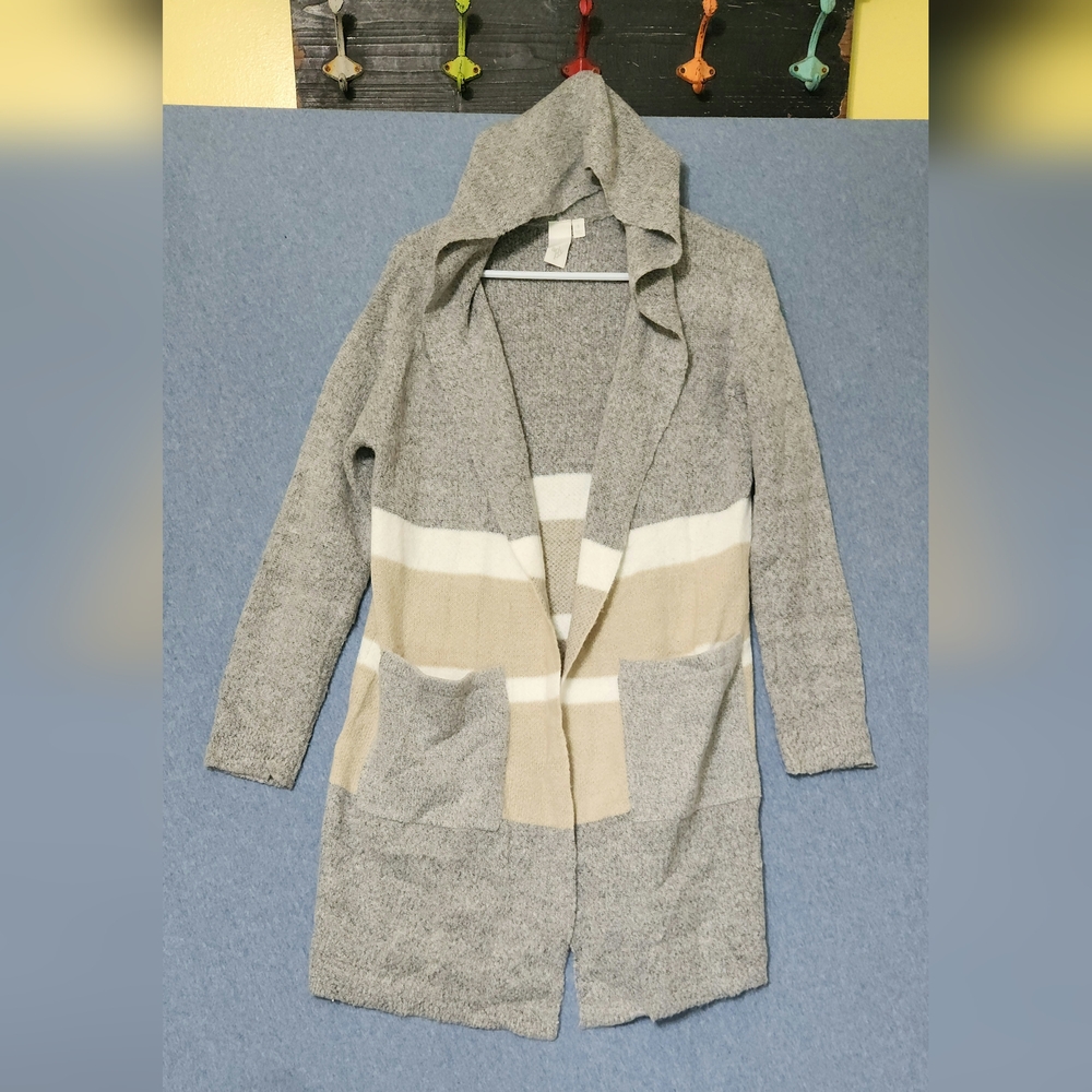 ADYP gray tan white hooded cardigan sweater. Size small